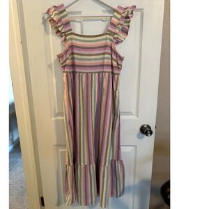 Universal Thread Womens Striped Ruffle Midi Dress Pastel Multi Color Size M